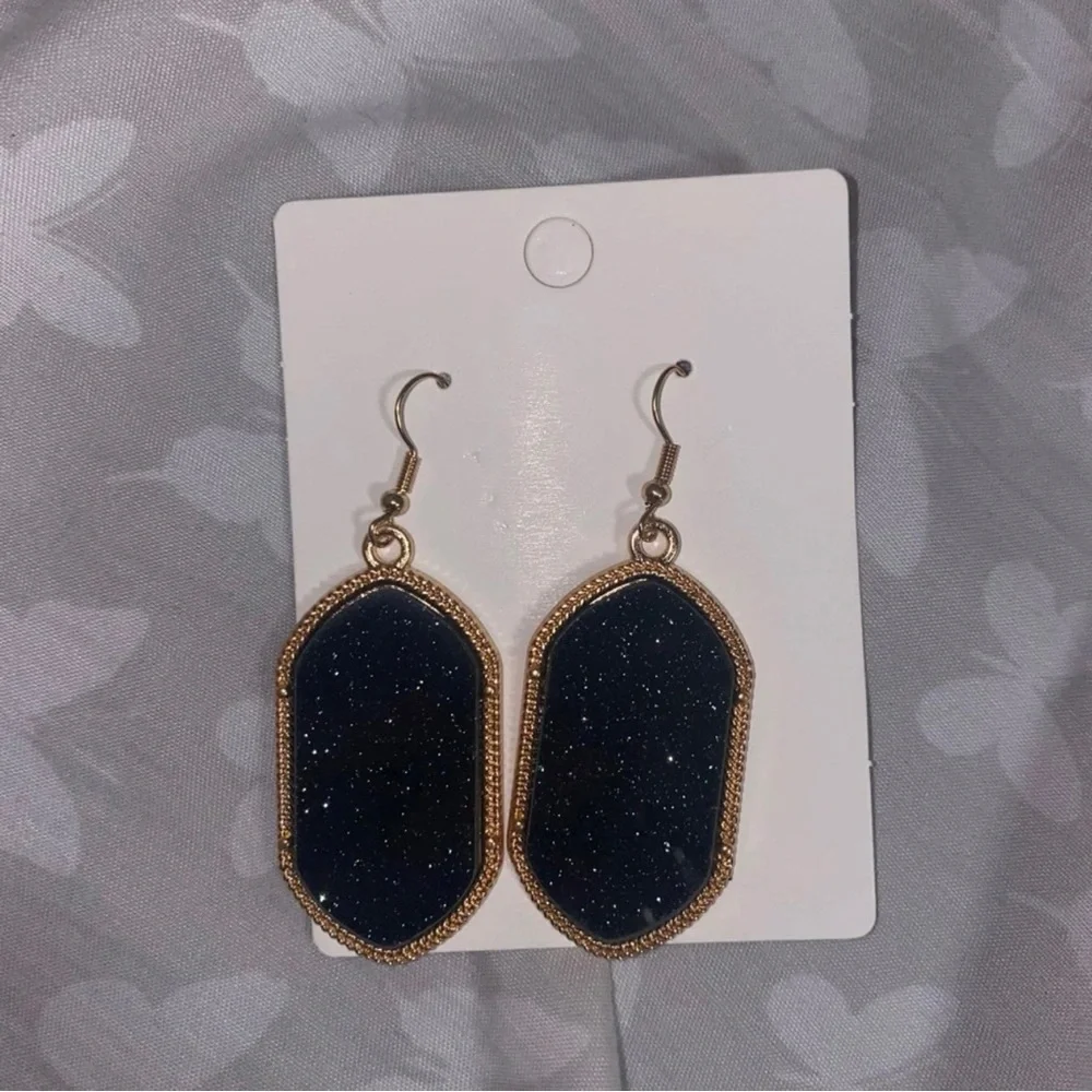 Black Shimmer Oval Drop Earrings | Gold Tone Textured Statement Earrings